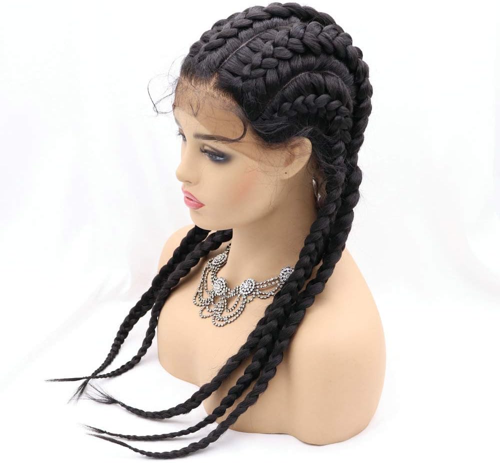 RainaHair Black Braids 5 Box Braided Wig with Baby Hair Synthetic Braided Lace Wig 5 Crochet Braids X Pression Braiding Hair Wigs for Women 30inch(black) - Image 3