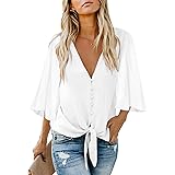 Ecrocoo Women's Casual 3/4 Tiered Bell Sleeve V Neck Print Button Down Loose Tops Blouses Shirt