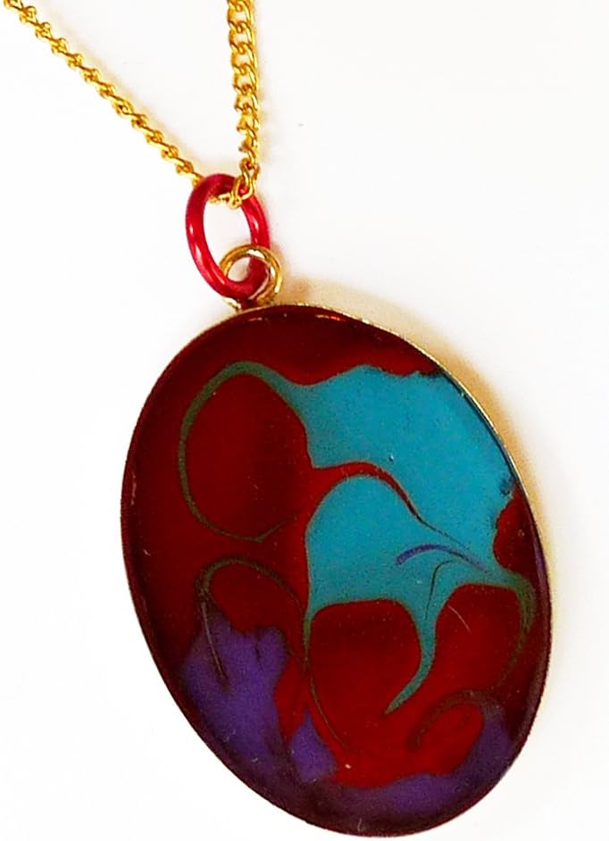 Hand Painted Abstract Artwork & Resin Oval Pendant Necklace - Dark Red, Teal & Deep Purple - Acrylic Painting in Brass. Gift for Men & Women - Unique Wearable Art Gift - Individually Handmade
