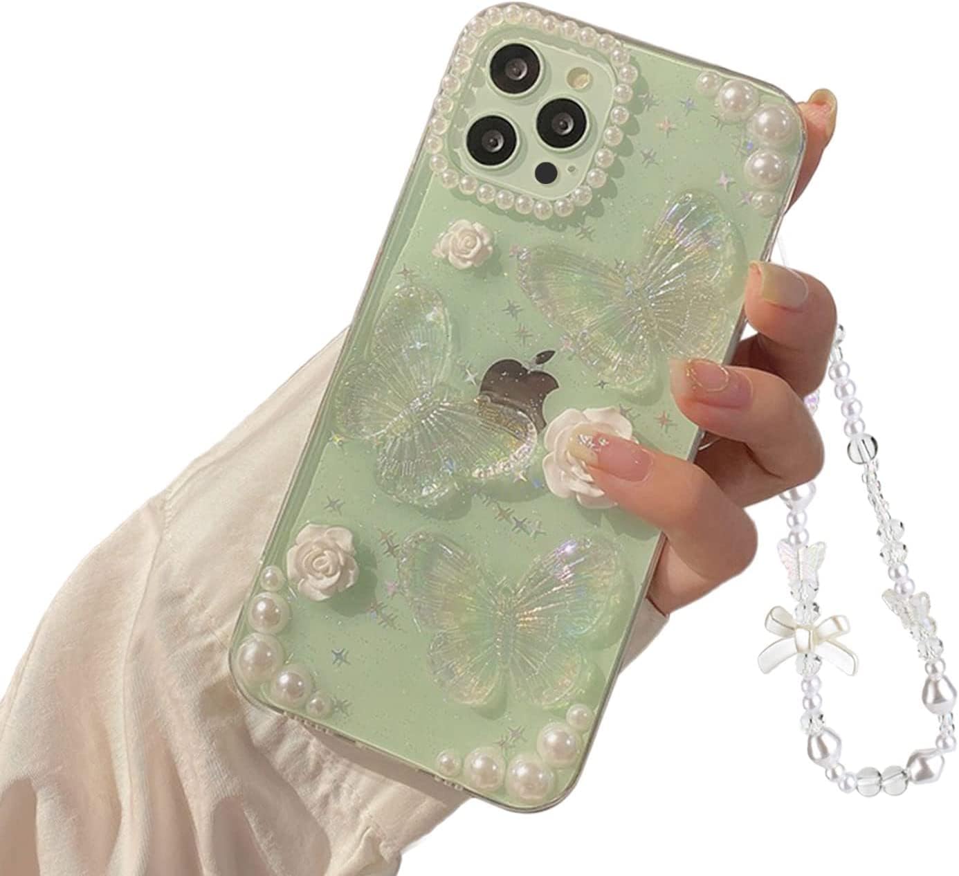 Ownest Compatible with iPhone 11 Pro Max 3D Butterfly Floral Clear with Design Aesthetic Women Teen Girls Glitter Crystal Sparkly Cute Phone Cases iPhone 11 Pro Max Protective Cover+Pearl Chain
