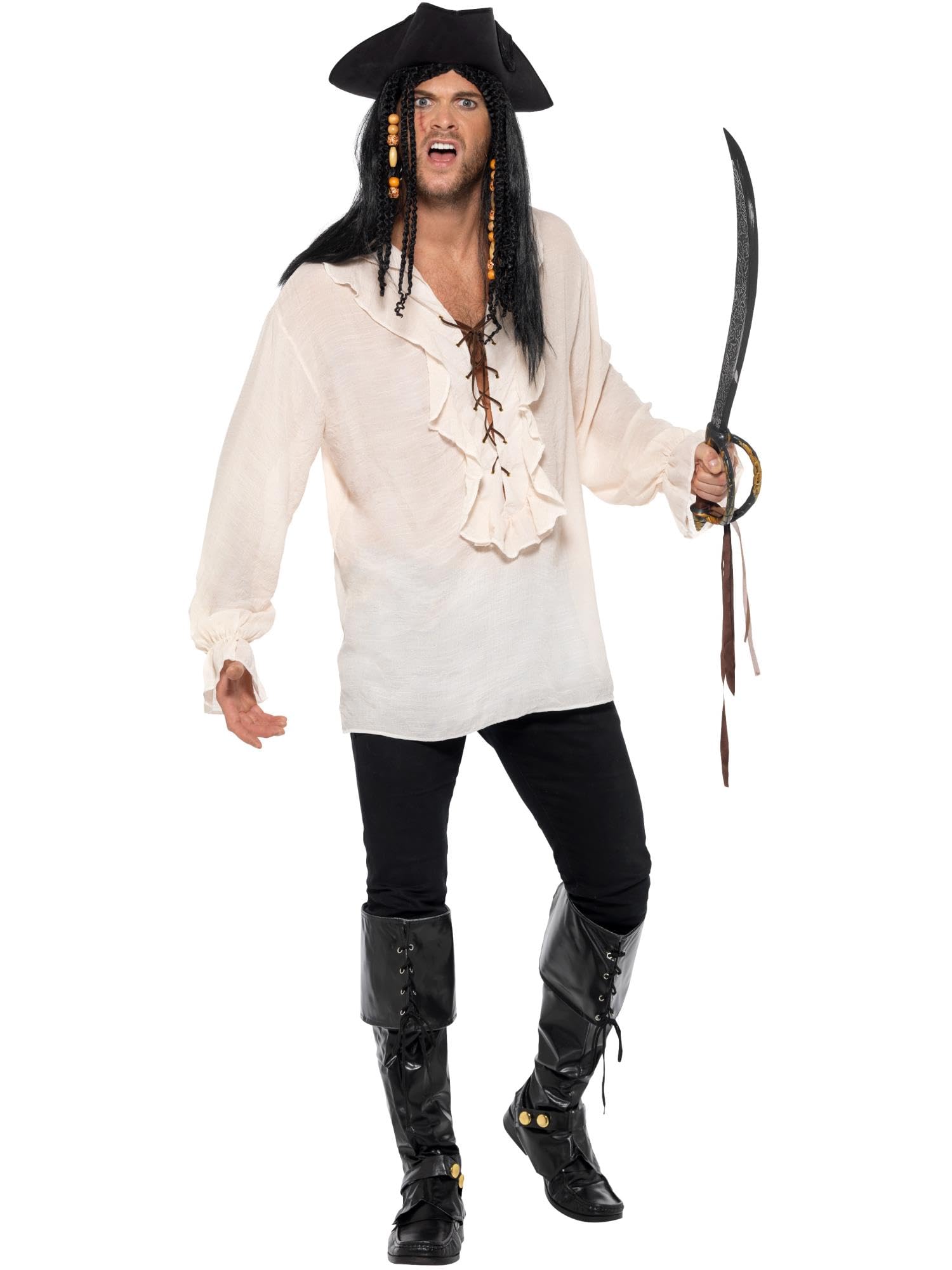 Smiffys Pirate Shirt, Ivory with Lace Up Front, Pirate Fancy Dress, Pirate Dress Up Costumes