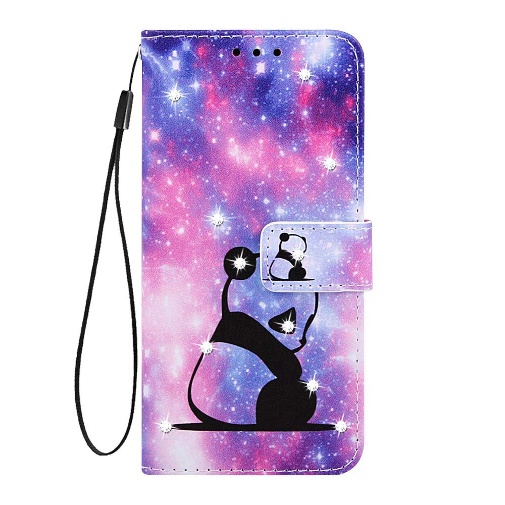 Samsung Galaxy A12 / M12 Wallet Case, Glitter Diamonds Shockproof PU Leather Flip Case TPU Bumper Protective Phone Cover for Samsung A12 / M12 with Card Holder Magnetic Closure Stand, Panda