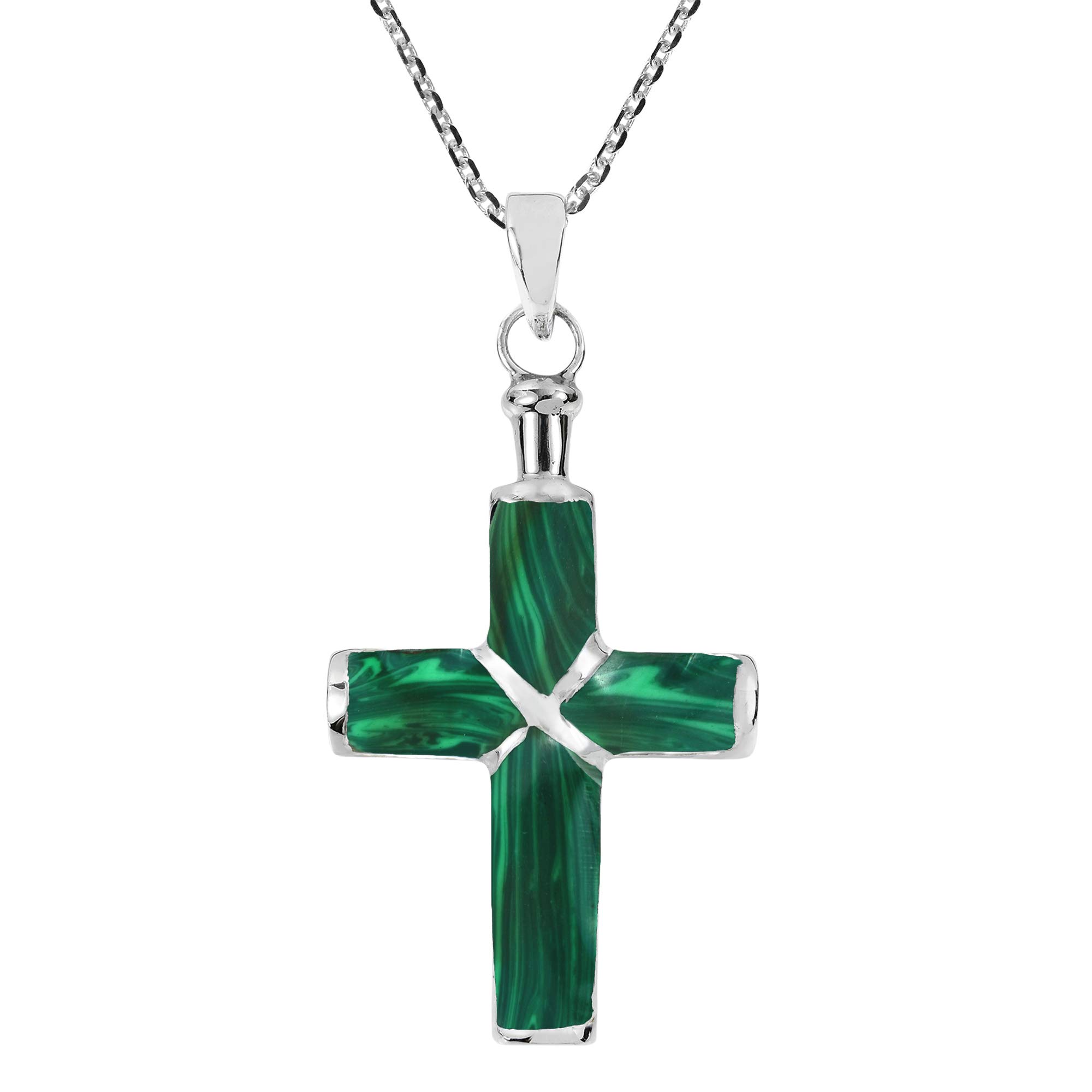 AeraVida Christian Cross Green Malachite Inlay .925 Silver Necklace