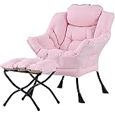 Welnow Pink Lazy Chair with Ottoman, Modern Reading Accent Chair with Armrests and a Side Pocket, Leisure Upholstered Lazy Sofa Set with Footrest for Small Space