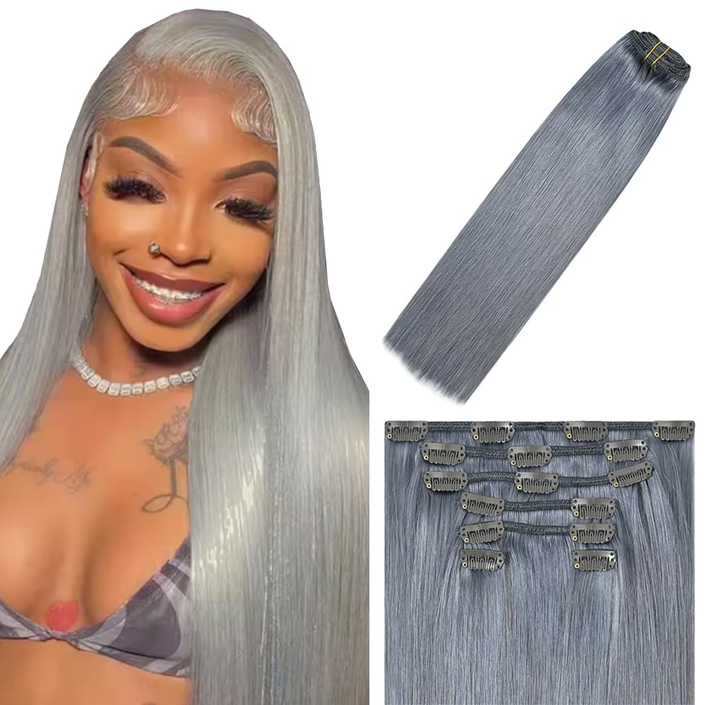 Photo 1 of 16 Inch Grey Clip in Hair Extensions - Real Remy Human Hair, 120g 7pcs, Silver Grey Human Hair Extensions Clip ins for Women