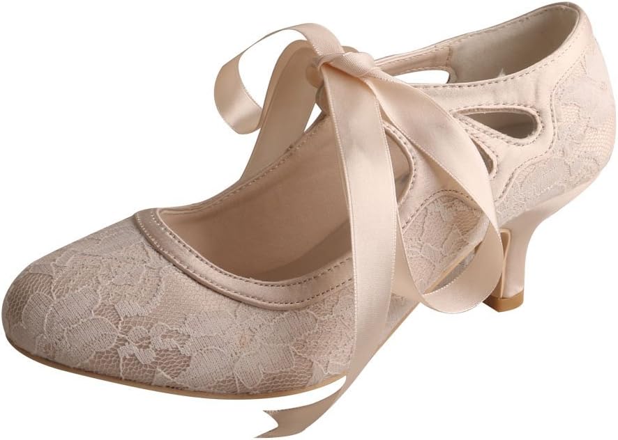 MG376 Women's Mary Jane Closed Toe Court Shoes Lace and Satin Wedding Shoes for Bride Low Heel