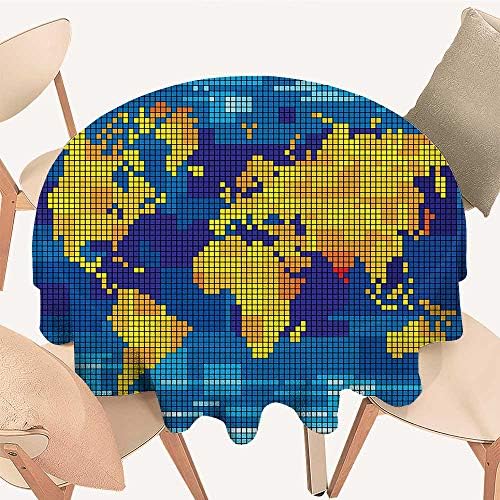 Dragonhome Modern Simple Round Tablecloth Squared Modern World Print Global Universe Artwork Image Earth Yellow Blue Sky Blue for Kitchen, 47 INCH Round