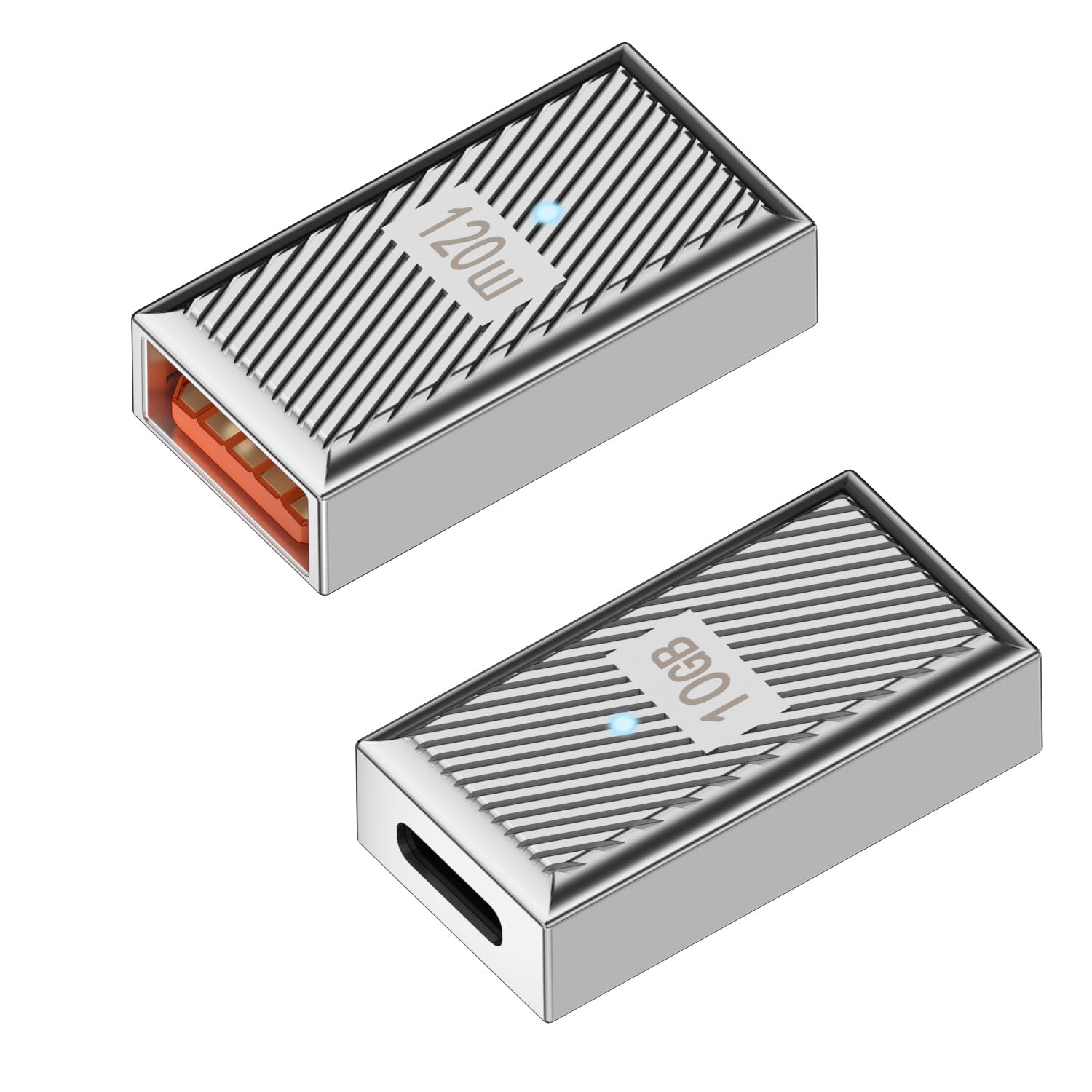 QIANRENON PD120W USB C Female to USB3.1 Female OTG Adapter Extender 10Gbps Type C Jack to USB3.1 Jack Fast Charging Data Connector Coupler,Zn alloy/LED Light,Silvery,2Pcs