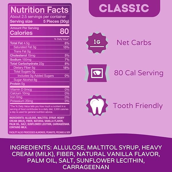 TOM & JENNY’S SUGAR FREE CANDY SOFT CARAMELS INDIVIDUALLY WRAPPED – SEA SALT & VANILLA – LOW NET CARB KETO ZERO SUGAR CANDY WITH ALLULOSE & MALTITOL (CLASSIC CHEWY CARAMELS) 1 PACK