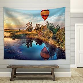 Beautiful Fantasy Sunrise Summer Landscape with Lake and Flying Aerostat - Fabric Wall Tapestry Home Decor - 51x60 inches