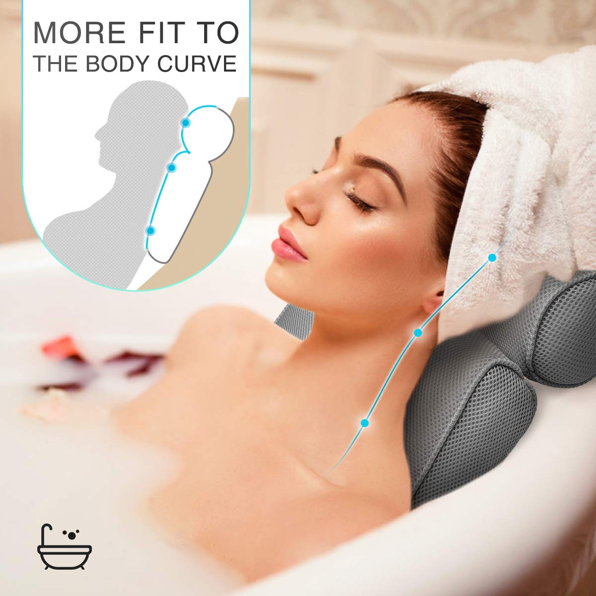 Essort Bathtub Pillow, Large Spa 3D Air Mesh Bath Pillow, Luxury Comfortable Soft Bath Cushion Headrest, for Head Neck Shoulder Support Backrest, Fits Any Size of Tubs, Jacuzzi (Gray) : Beauty