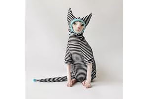 SNIXfever Sphynx Cat Clothes Black Stripe Breathable Shirts Suit, Pet Hat and Shirt Set (Medium)