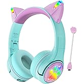 Riwbox CF9 Cat Ear Kids Bluetooth Headphones with LED Light Up,Safe 85dB Volume Limit,Built-in Mic&Boom Mic for Calls,Kids Wireless&Wired Headphones for Tablet/Airplane/School/Online Learning (Green)