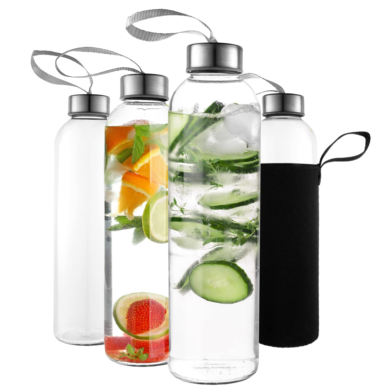 Kitchen Lux 18oz Glass Water Bottles – Pack of 4 Nylon Protective Sleeves, Airtight Screw Top Lids, Portable Carrying Loops - Lead, PVC and BPA Free - Water, Milk, Smoothie, Juice Beverage Glasses (4)