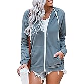 WROLEM Women Casual Full Zip Up Hoodie Comfy Loose Long Sleeve Sweatshirt Solid Color Jacket with Pockets