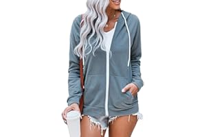 WROLEM Women Casual Full Zip Up Hoodie Comfy Loose Long Sleeve Sweatshirt Solid Color Jacket with Pockets