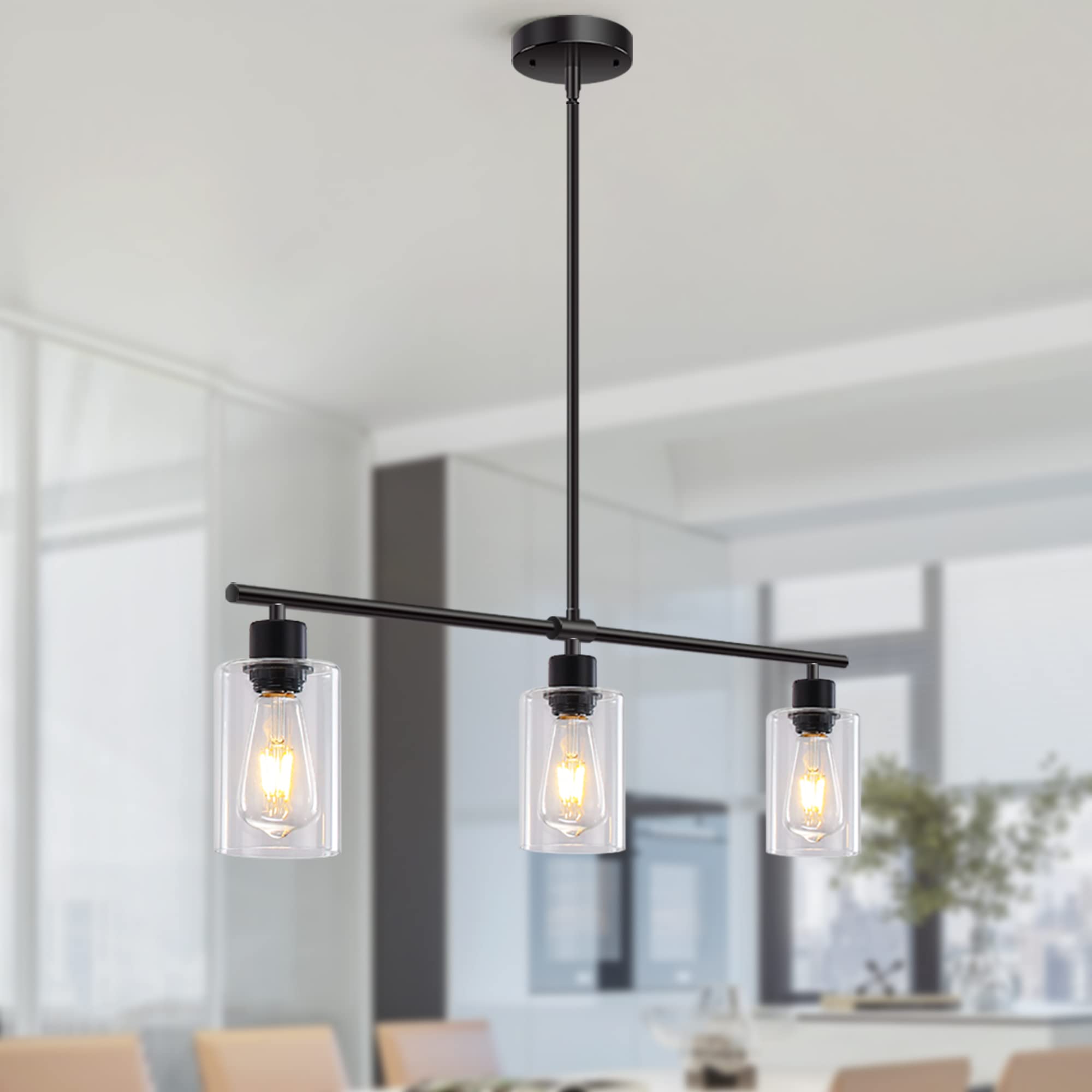 Photo 1 of Yarlkav Kitchen Island Lighting, 3 Lights Linear Chandeliers Rectangle Pendant Light Fixtures for Dining Room Farmhouse Hanging Light with Glass Shades(Black)