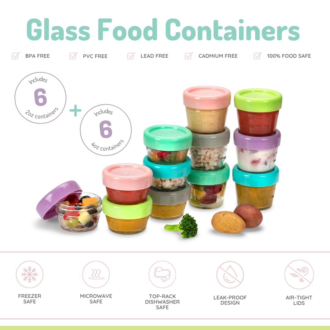 melii Glass Food Storage Jars - 12-Piece Set (6 x 4oz + 6 x 2oz) with Airtight, Leakproof Lids, BPA-Free & Eco-Friendly, Microwave, Freezer, Dishwasher Safe, Containers for Baby Food and Meal Prep