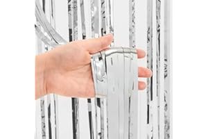 BRAVESHINE New Year Eve Party Supplies 2025 2 Pcs Foil Curtains 3.2x8.2 ft Silver Metallic Tinsel Fringe Backdrop Photo Booth