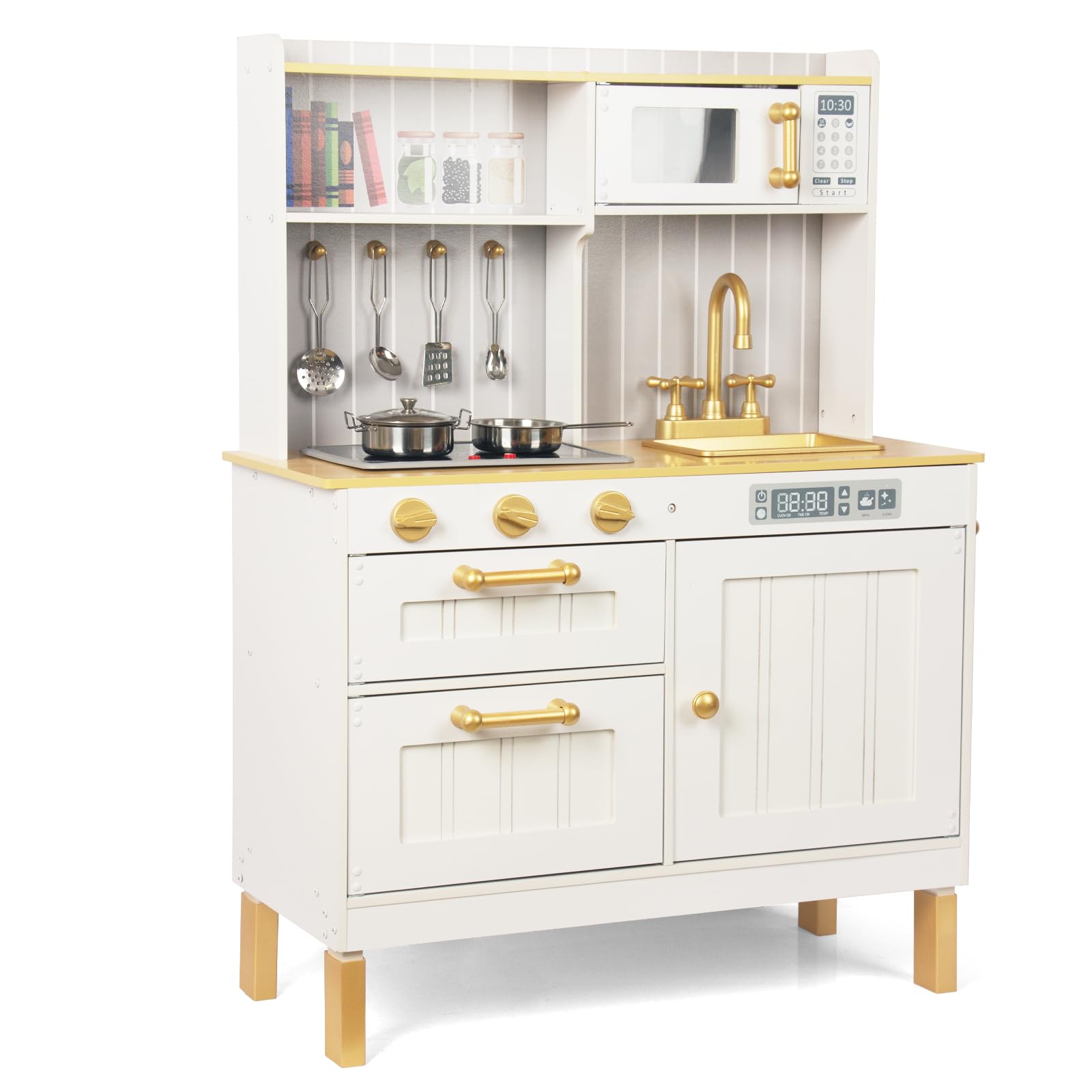 WOODENFUN Wooden Children's Kitchen, Children's Play Kitchen with Sink and Oven, Corner Kitchen Gift for Children from the Age of Three (White and Gold)