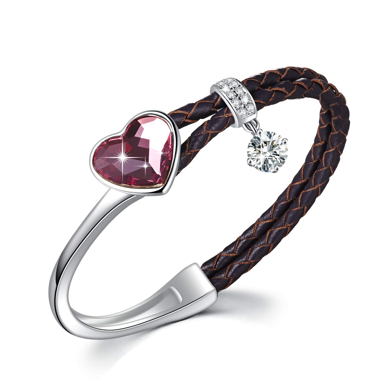 SUE'S SECRET Pink Heart Crystal Bangle Bracelet Elegant Brown Striped Leather Bands Unique Gift for Her Ladies Anniversary Wedding Women Birthday Christmas for Mom Wife Girlfriend
