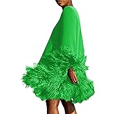 ROKIACDE Trendy Long Sleeve Feathers Midi Dress for Women Plus Size Elegant Formal Smocked Flowy Cute Cocktail Party Dress