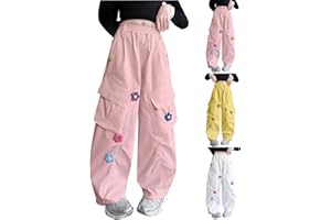 Wide Leg Cargo Pants for Teen Girls Cute 3D Flower Elastic Waist Hiking Jogger Loose Baggy Sweatpants with Pockets