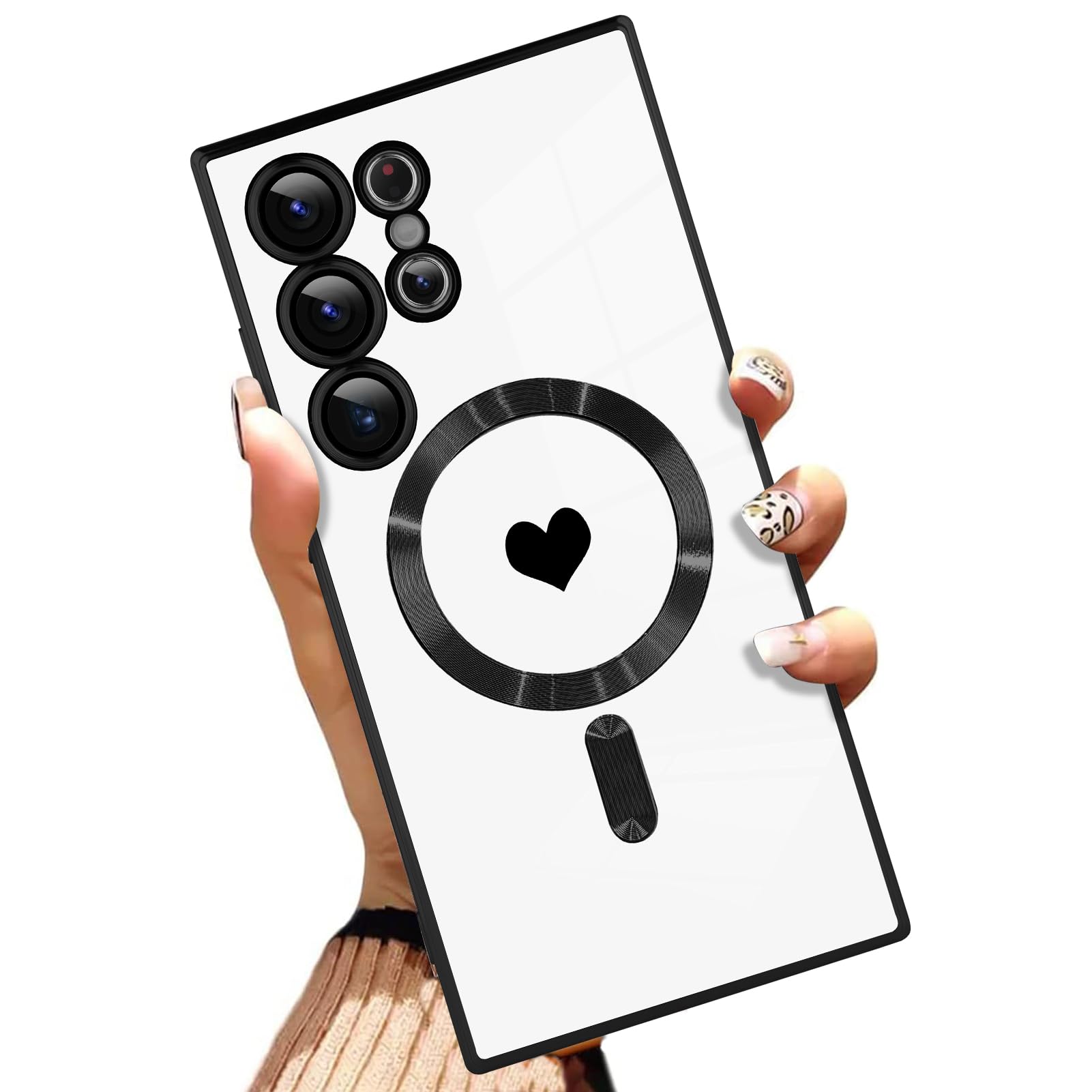 AIGOMARA Magnetic Case Made for Samsung Galaxy S24 Ultra [Wireless Charging Compatible] Heart Design Soft TPU Phone Cover Anti-Scratch Shockproof Slim Case for Women (Black - White)