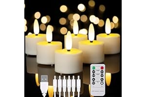 Homemory 3D Wick LED Rechargeable Flameless Tea Lights Candles with Remote Timer, Battery Operated Tea Lights, Pack of 6 for 