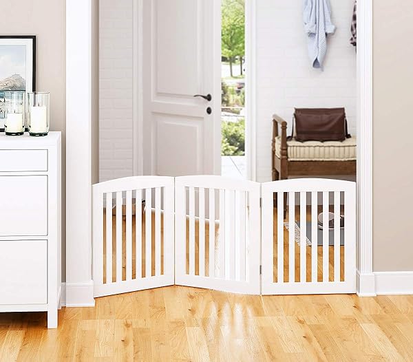 PAWLAND WOODEN FREESTANDING FOLDABLE PET GATE FOR DOGS, 24 INCH 3 PANELS STEP OVER FENCE, DOG GATE FOR THE HOUSE, DOORWAY, STAIRS, EXTRA WIDE (WHITE, 24″ HEIGHT-3 PANELS)