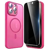 Privacy Case for iPhone 15 Pro Max,Magnetic iPhone 15 ProMax Phone Case with Privacy Screen Protector X2 & Camera Protector [Compatible with MagSafe],Translucent Matte Shockproof Cover-Rose Red