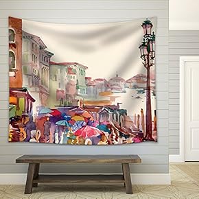Street of Old Autumn City Made in Watercolor Style Vector Illustration. - Fabric Wall Tapestry Home Decor - 51x60 inches