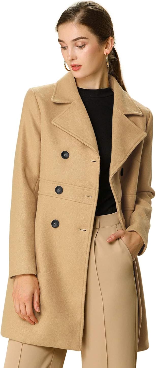 Allegra K Women's Double Breasted Notched Lapel Long Winter Coats: Clothing