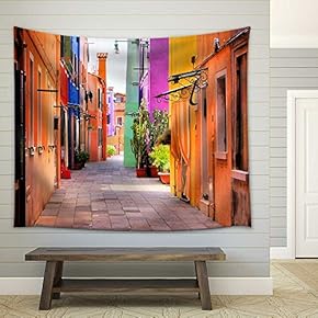 Colorful Street in Burano, Near Venice, Italy - Fabric Wall Tapestry Home Decor - 51x60 inches
