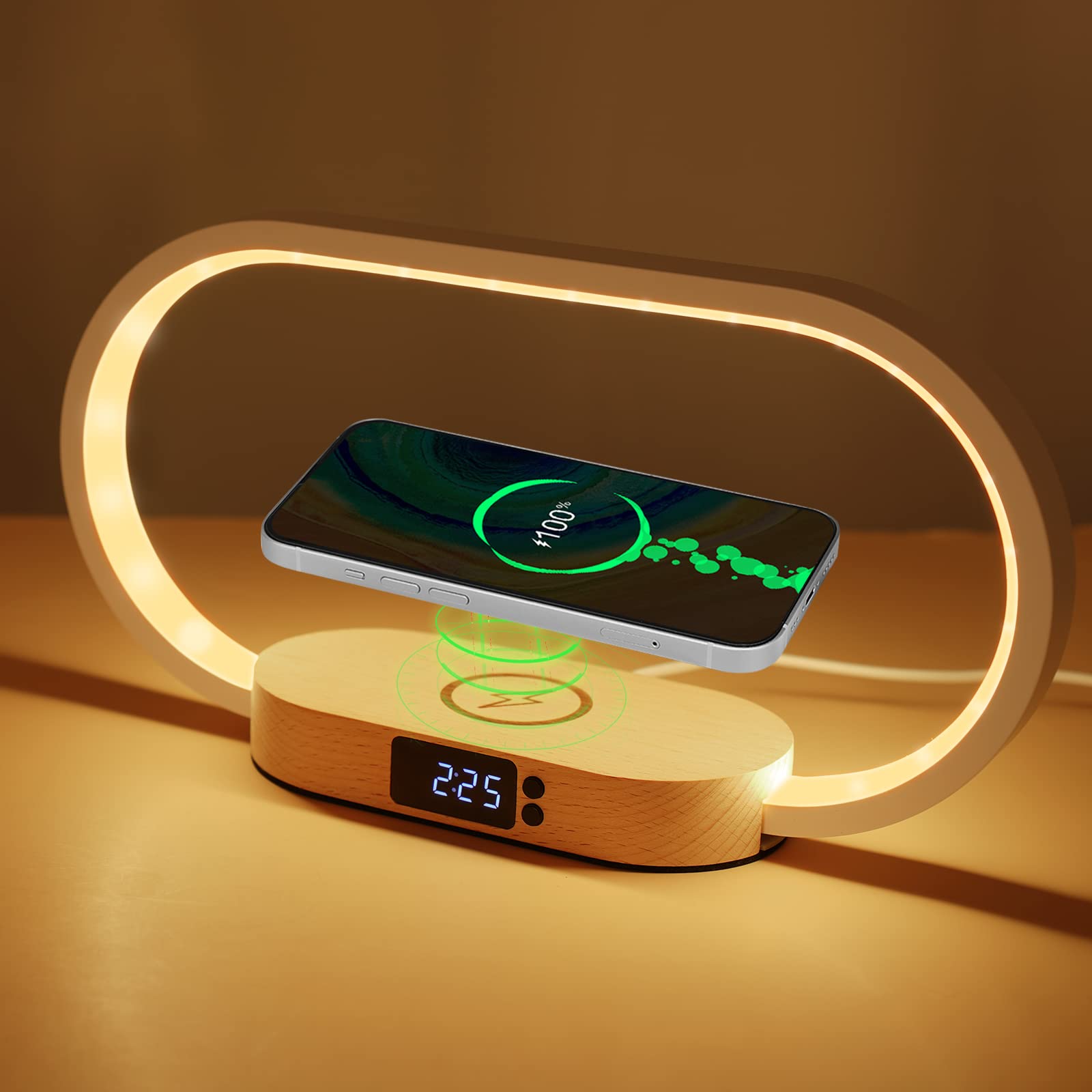 Bedside Lamp with Wireless Charger, LED Table Lamp with Touch Control, USB Port, 3 Color Modes & Clock, Dimmable Wooden Nightstand Lamp Modern Desk Lamp, Eye-Caring Night Light for Home Bedroom Office