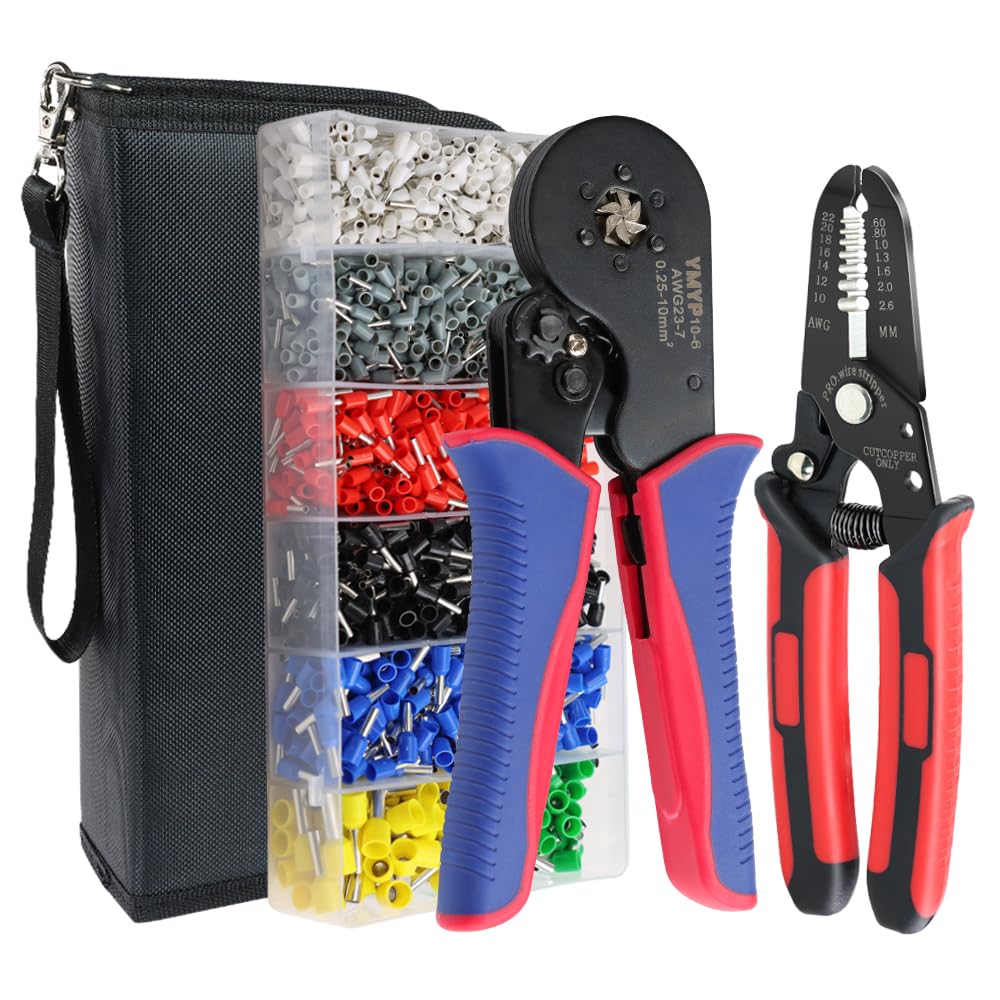 YMYP Ferrule Crimping Tool AWG 23-7 (0.25mm²-10mm²), Hexagonal Crimper Plier with Wire Stripper & 1900Pcs End-Sleeves Terminals Kit