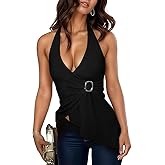 Lancifolium Sexy Buckle Decor Cross Halter Neck Tank Tops for Women 2025 Trendy Going Out Open Back Double-Lined Outfits
