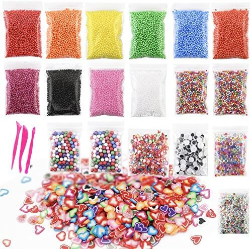 Set of 21pcs Slime Supplies and DIY Nail Art for Girls with Multicolored and Solid Color Styrofoam balls beads,Googly eyes, Fishbowl, Glitter and 3D heart slices