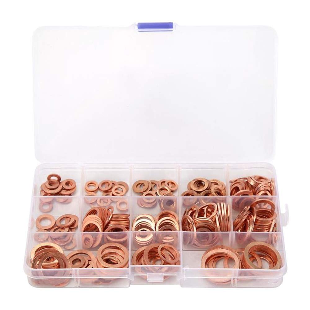 280Pcs 12 Sizes Flat Copper Washer Flat Sealing Ring Assortment Kit 5/6/8/10/12/14/16/M20 with Plastic Box