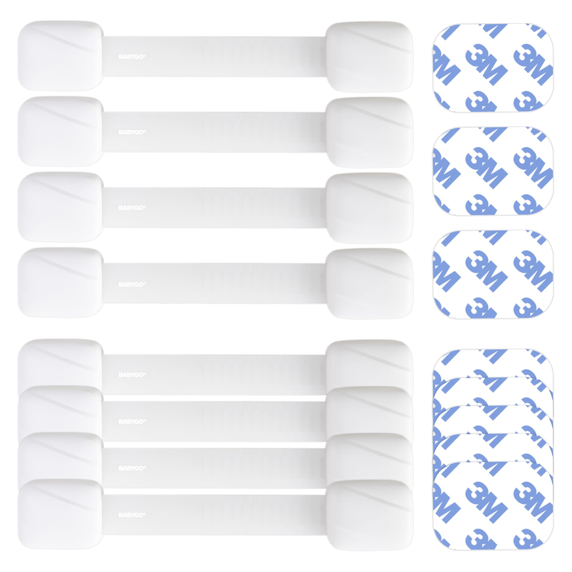 BABYGO® Child Safety Cupboard Locks for Children with Smart Unlock for Kitchen (8 Pack) | Adjustable Straps | Baby Proof Your Home in 30 Seconds | White