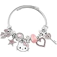 Hello Jewelry Bracelet Friendship Charms Braclet, Adjustable Stainless Steel Kawaii Pink Kitty Bangle Bracelets, Charm Matchi