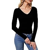 winkbay Women's Long Sleeve Fitted Tops Dressy Casual Deep V Neck Tight T Shirts Basic Tees