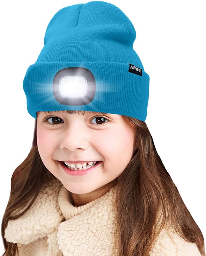 ATNKE Kids LED Lighted Beanie Cap, USB Rechargeable 4 LED Headlamp Waterproof Winter Warmer Knit Night Hats with Light for Boys Girls/Lake Blue
