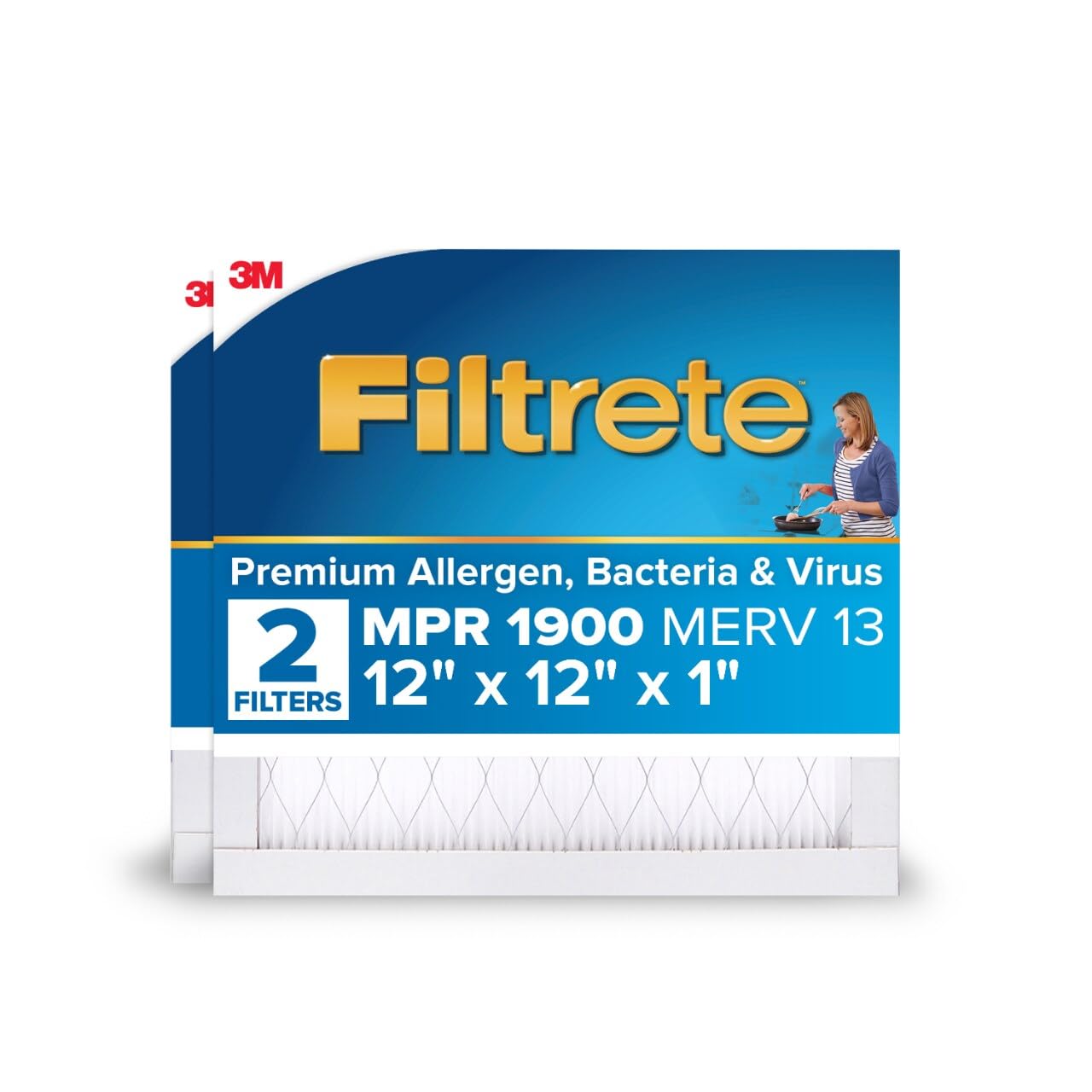 Filtrete 12x12x1 AC Furnace Air Filter, MERV 13, MPR 1900, Premium Allergen, Bacteria & Virus Filter, 3-Month Pleated 1-Inch Electrostatic Air Cleaning Filter, 2-Pack (Actual Size 11.81x11.81x0.78 in)