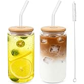 Alotpower Borosilicate Glass Cups with Lids and Straws, 16 oz Reusable Tumbler Set (2-Pack) Includes Bamboo Lids, Glass Straws & Brush for Iced Coffee, Bubble Tea, Cold Beer, Juice