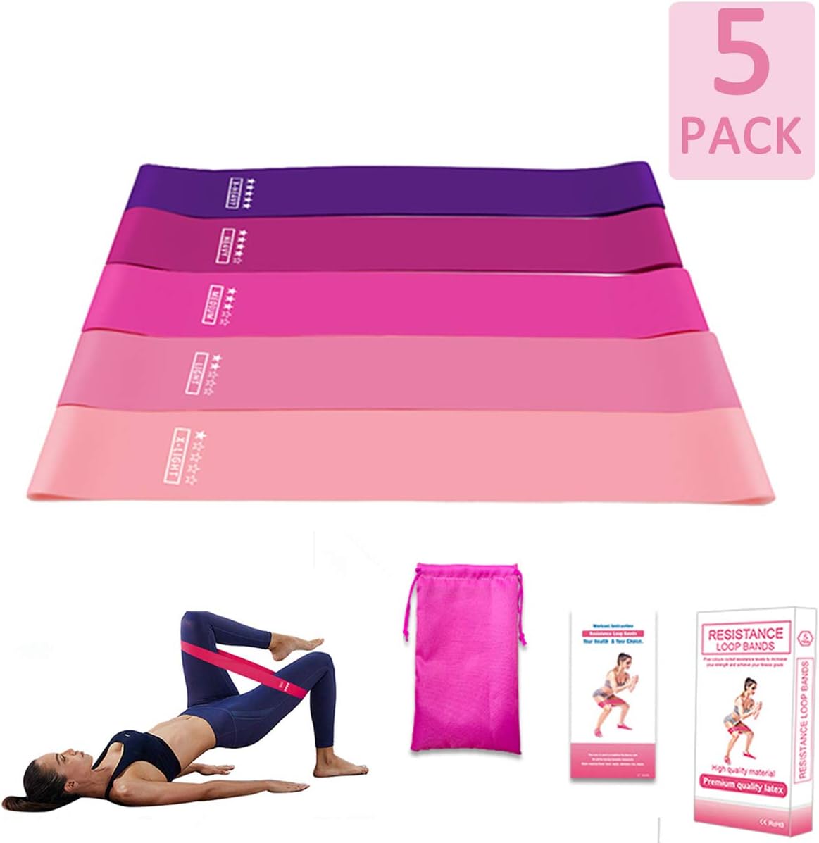 Eholder Resistance Bands Set Women Men, Set of 5 Natural Latex Mini Loop Gym Stretch Fitness Exercise Bands Resistance for Legs and Glutes Thigh Home Gym Workout and Physical Therapy Yoga Training