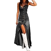 Sexyshine Women's Button Down Smocked Denim Dress Spaghetti Strap Sleeveless A-Line Flared Flowy Maxi Jean Dress
