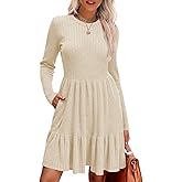 Naggoo Women's Long Sleeve Ruffle Dress Casual Crew Neck Tunic A-Line Babydoll Sweater Dresses with Pockets