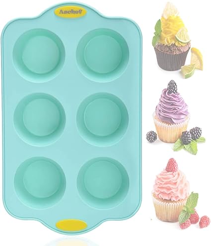 Amazon シリコンマフィンカップケーキベーキングパン型トレイ ブリキ製耐熱皿 6カップ ノンスティック Bpaフリー 食洗機 電子レンジ対応 Aschef マフィン カップケーキ型