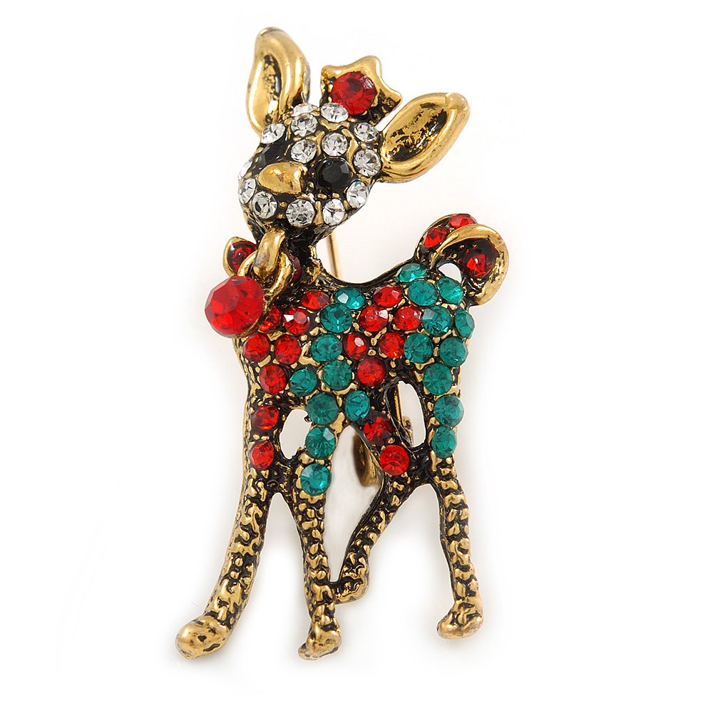 Clear/Red/Green Crystal Christmas Reindeer Brooch In Aged Gold Tone Metal - 40mm L